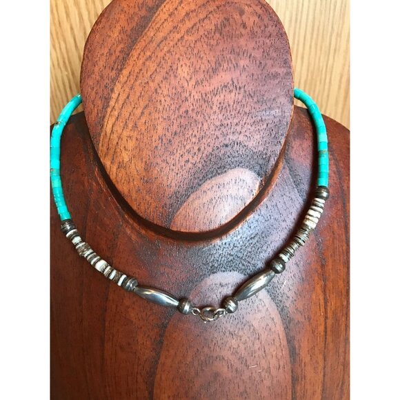 Vtg Heishi Necklace Graduated Turquoise Beads Shell Beads Santo Domingo Native - Picture 7 of 9